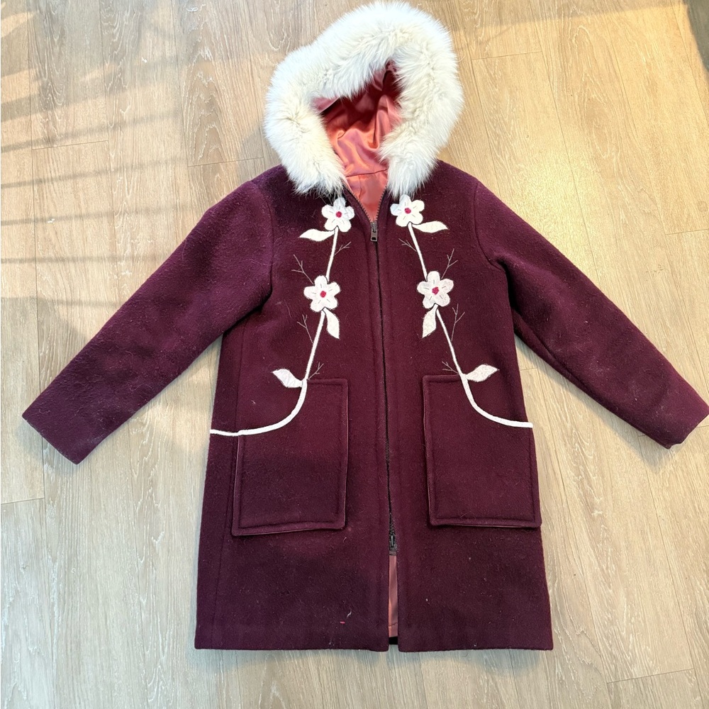Plum Coat with Floral Embroidery and Fur Hood vintage wool jacket